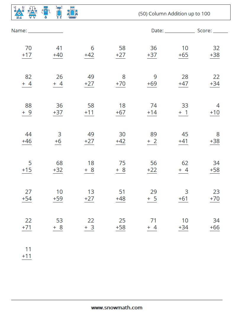 (50) Column Addition up to 100 Maths Worksheets 11