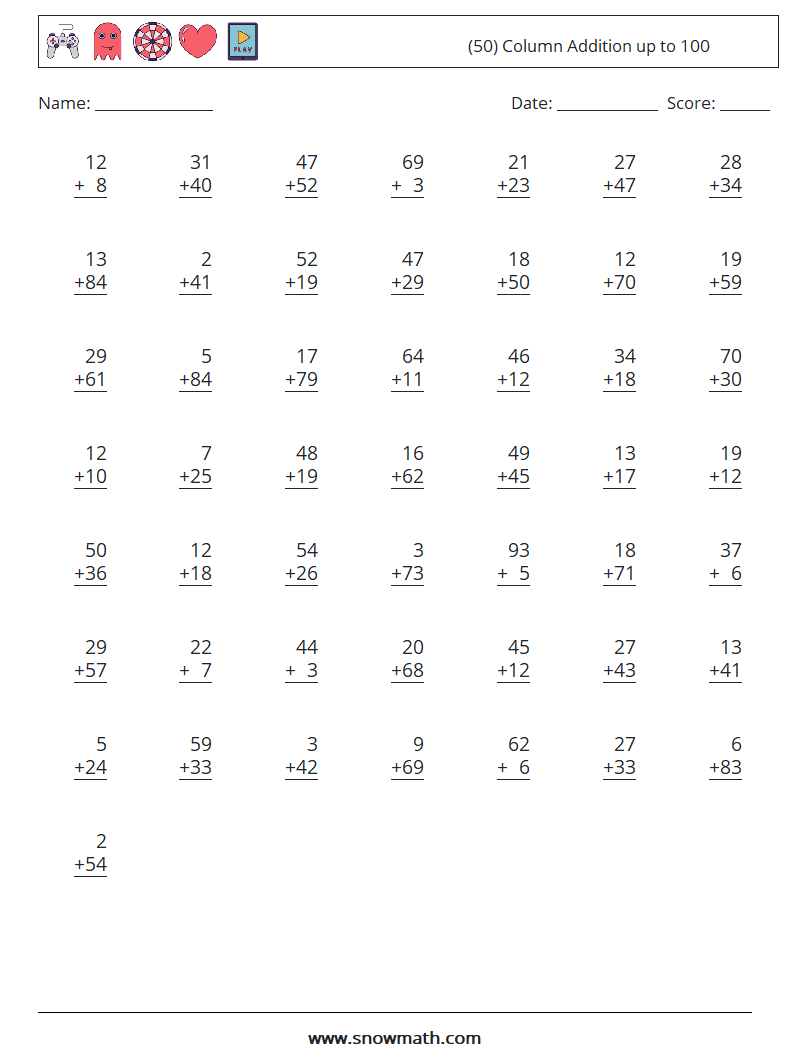(50) Column Addition up to 100 Maths Worksheets 12