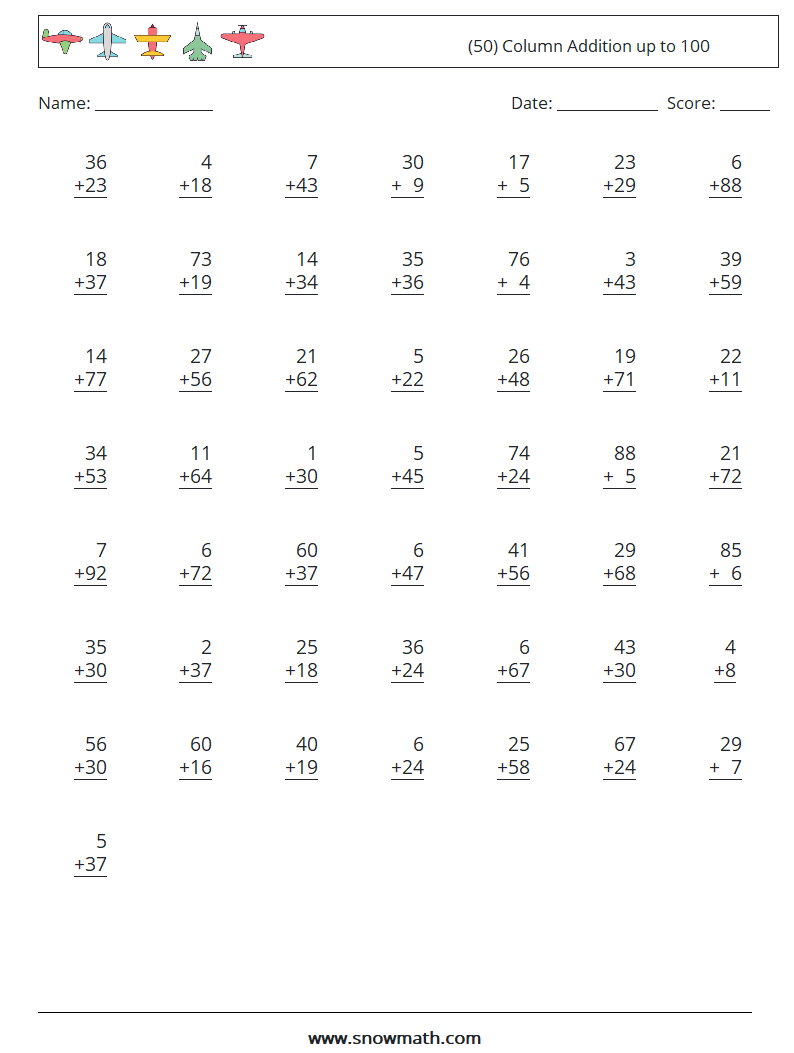 (50) Column Addition up to 100 Maths Worksheets 13