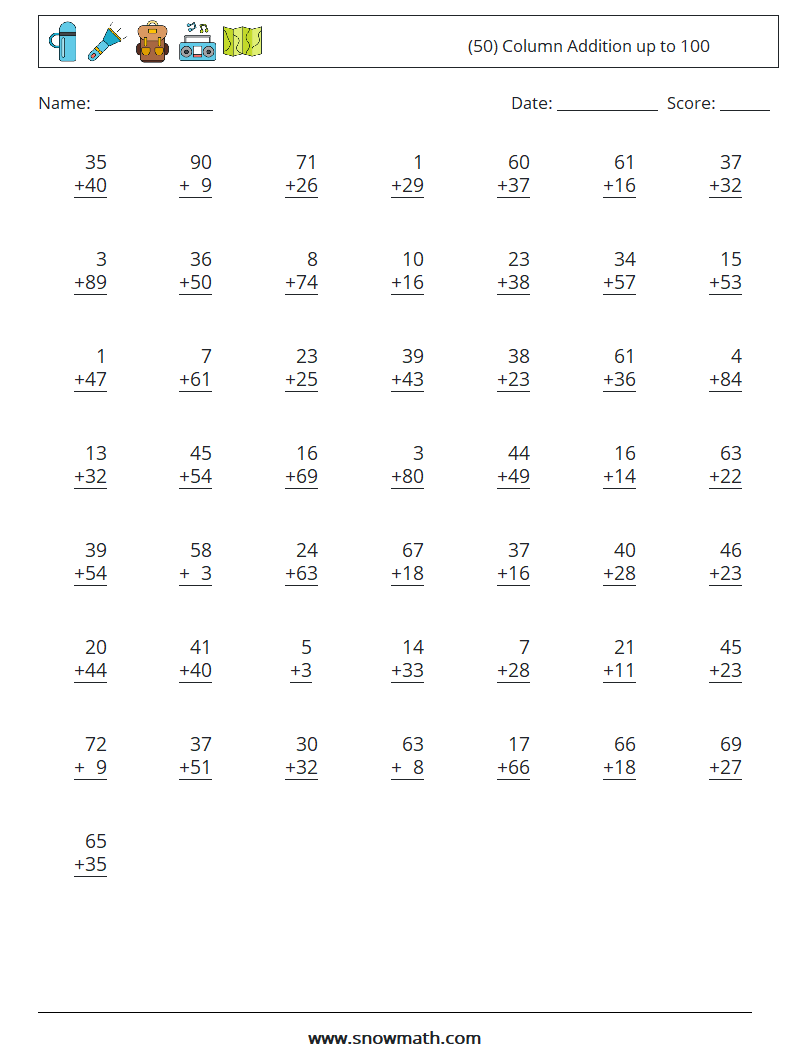 (50) Column Addition up to 100 Maths Worksheets 15