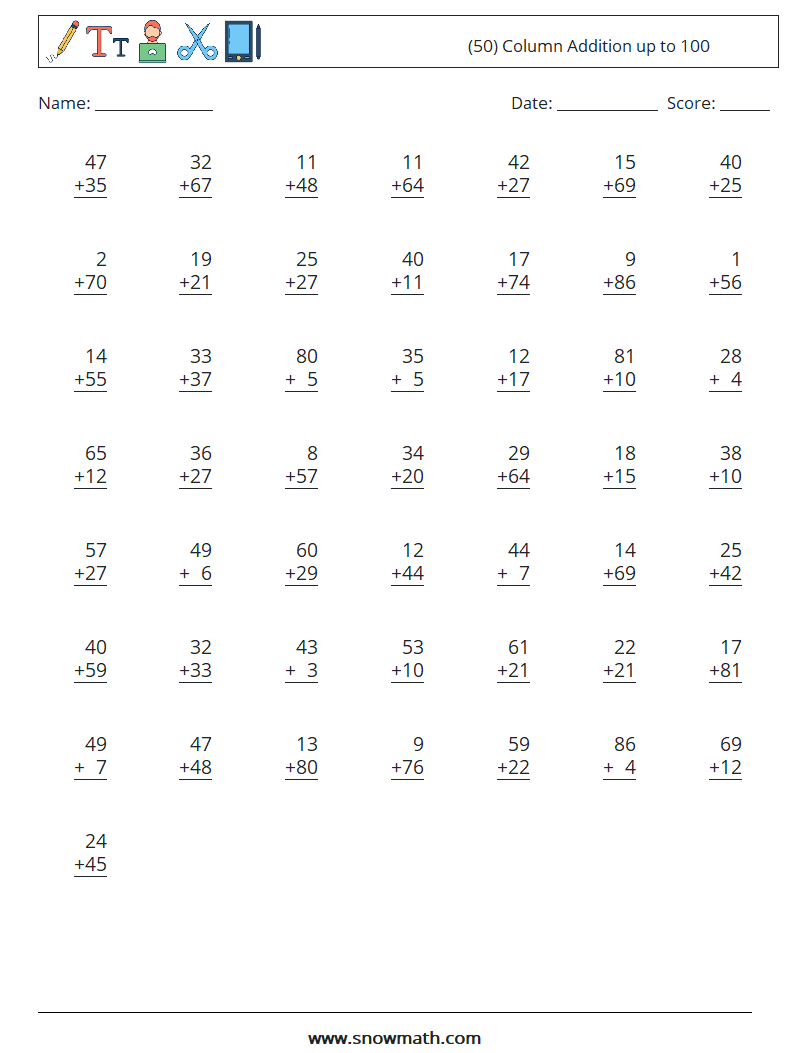(50) Column Addition up to 100 Maths Worksheets 16
