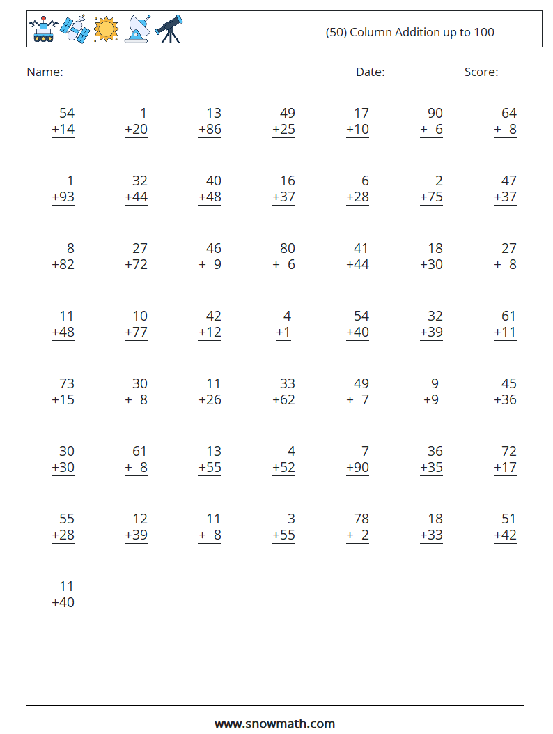 (50) Column Addition up to 100 Maths Worksheets 17