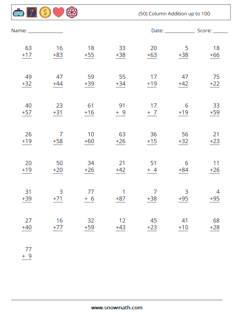 (50) Column Addition up to 100 Maths Worksheets 18