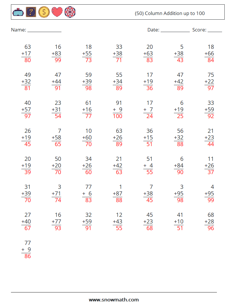 (50) Column Addition up to 100 Maths Worksheets 18 Question, Answer