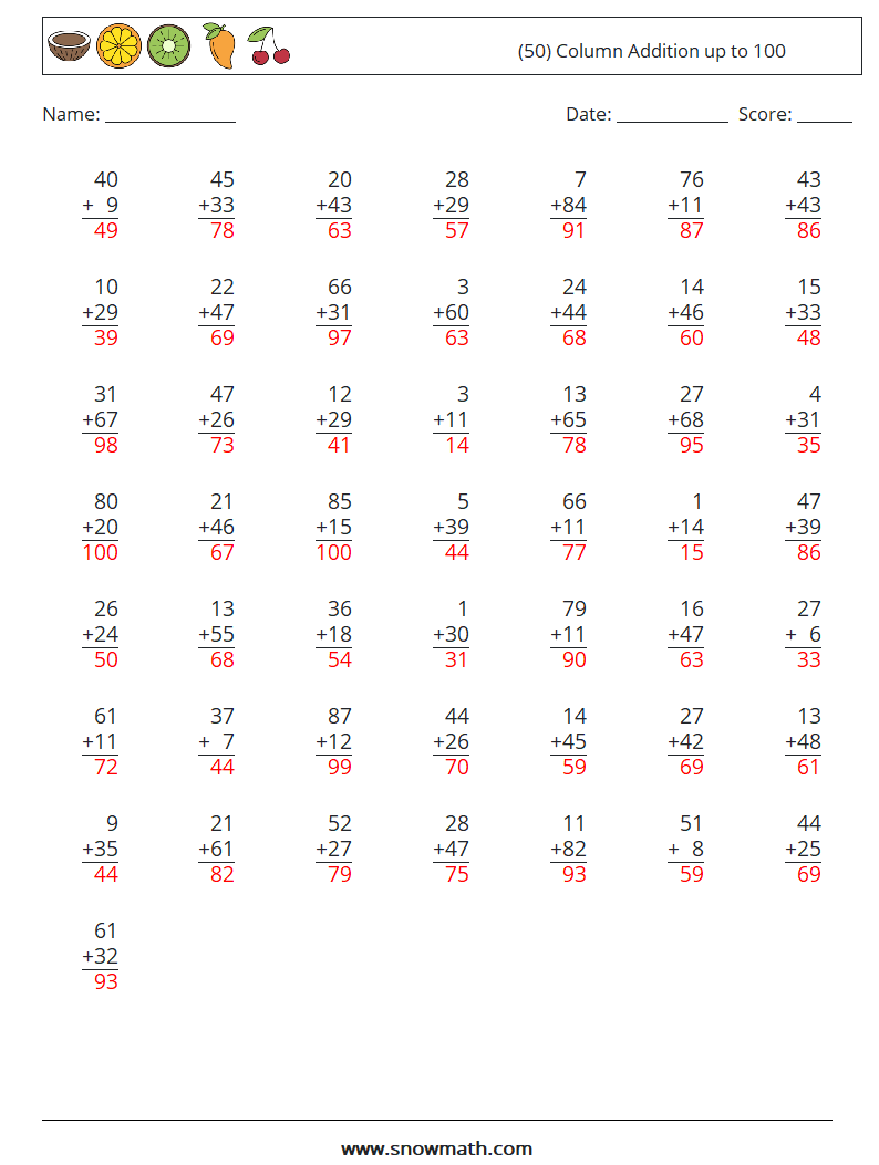 (50) Column Addition up to 100 Maths Worksheets 1 Question, Answer