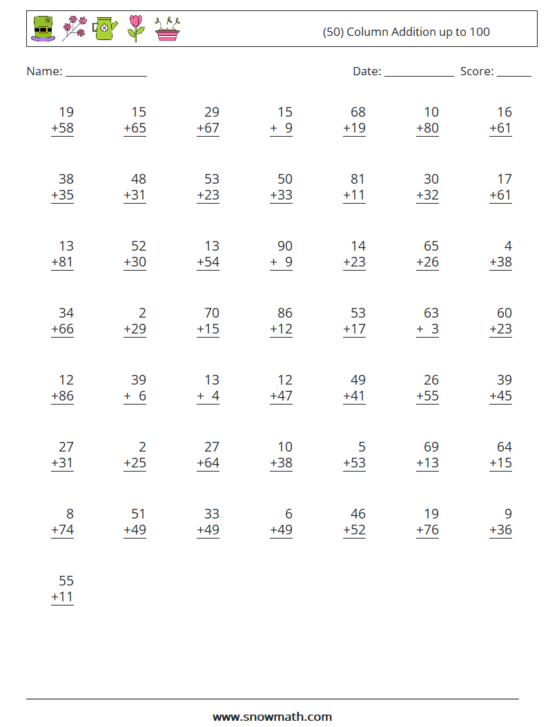 (50) Column Addition up to 100 Maths Worksheets 2