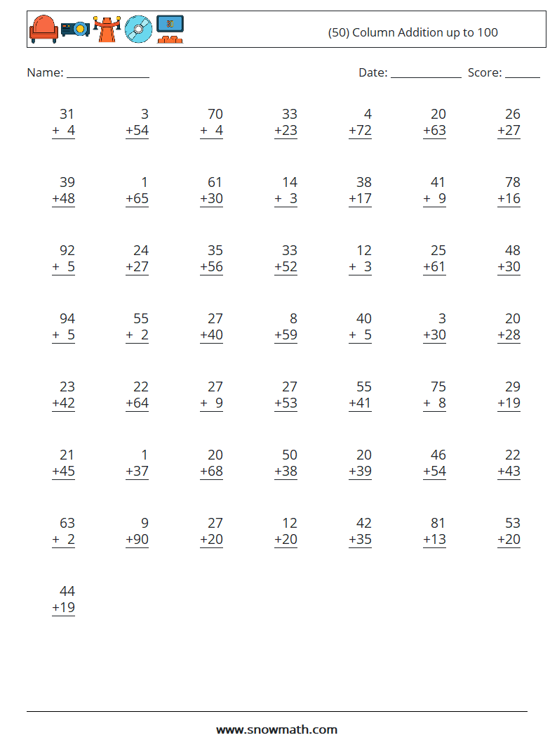 (50) Column Addition up to 100 Maths Worksheets 4