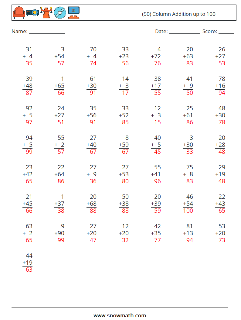 (50) Column Addition up to 100 Maths Worksheets 4 Question, Answer