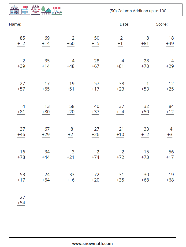(50) Column Addition up to 100 Maths Worksheets 7