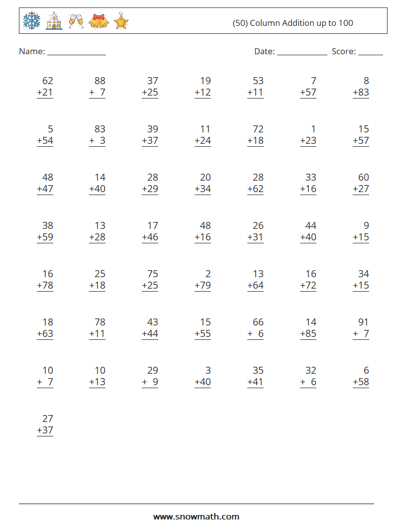 (50) Column Addition up to 100 Maths Worksheets 8