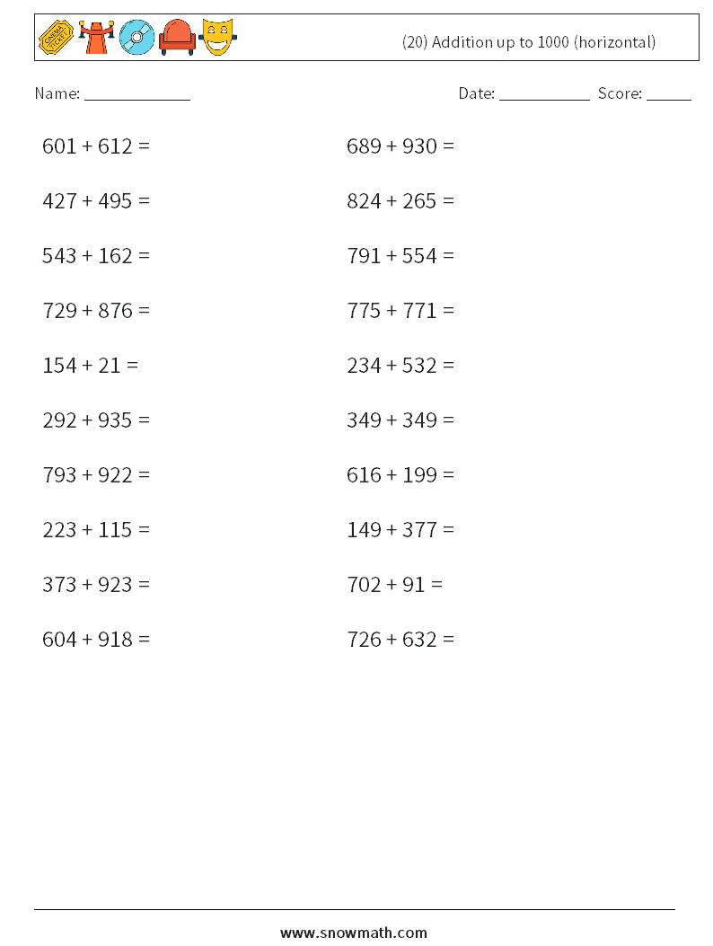 (20) Addition up to 1000 (horizontal) Maths Worksheets 1