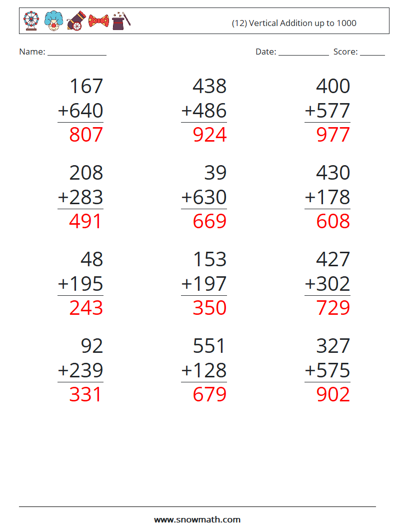 (12) Vertical Addition up to 1000 Maths Worksheets 10 Question, Answer