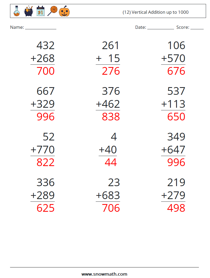 (12) Vertical Addition up to 1000 Maths Worksheets 11 Question, Answer