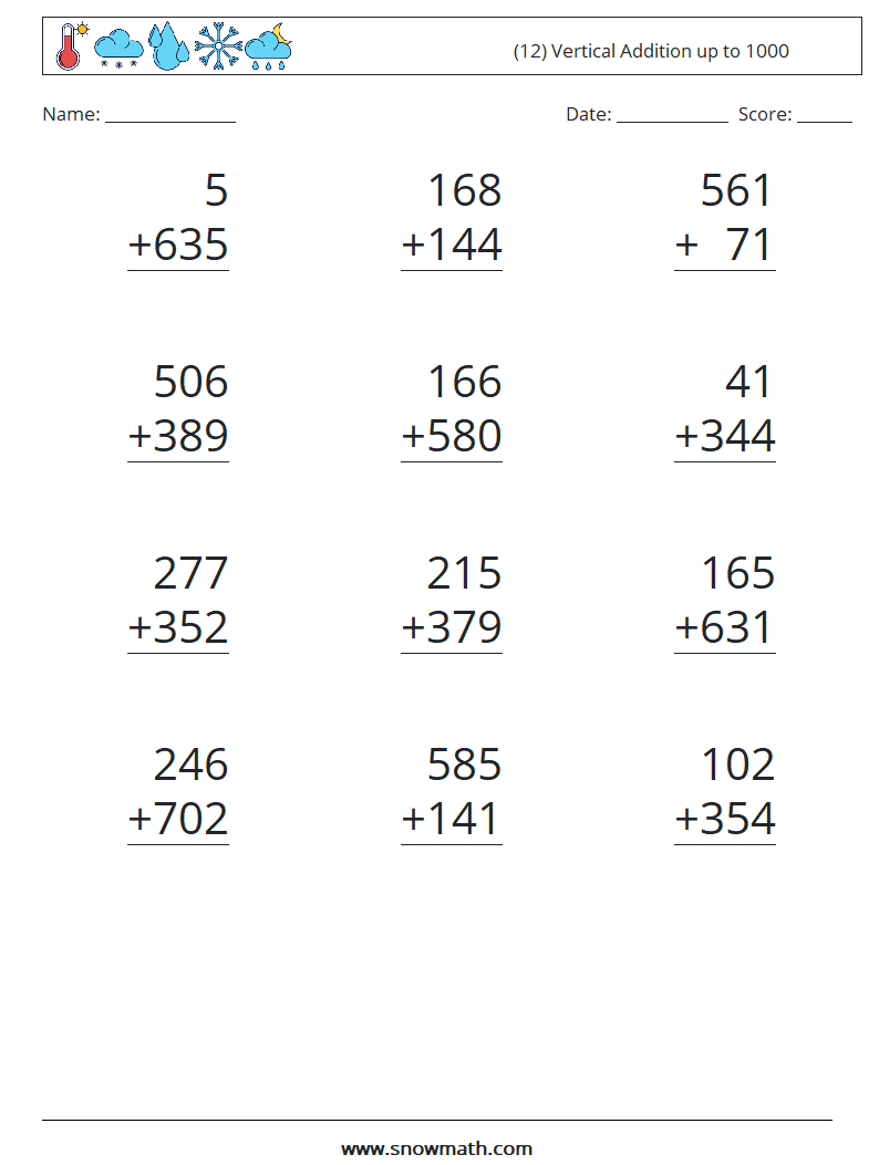 (12) Vertical Addition up to 1000 Maths Worksheets 12