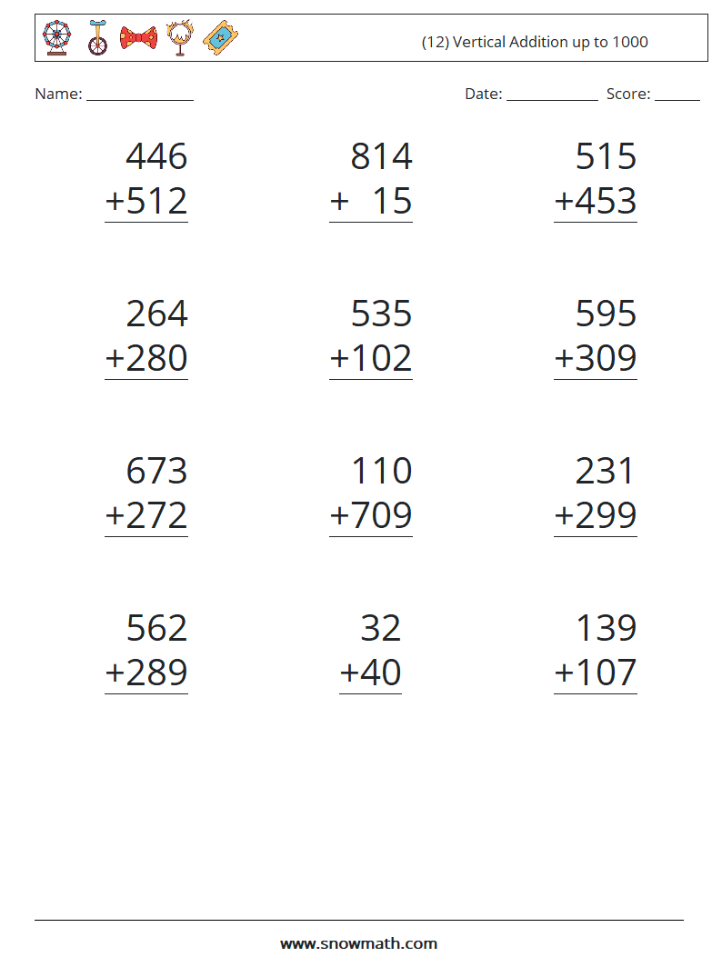 (12) Vertical Addition up to 1000 Maths Worksheets 13