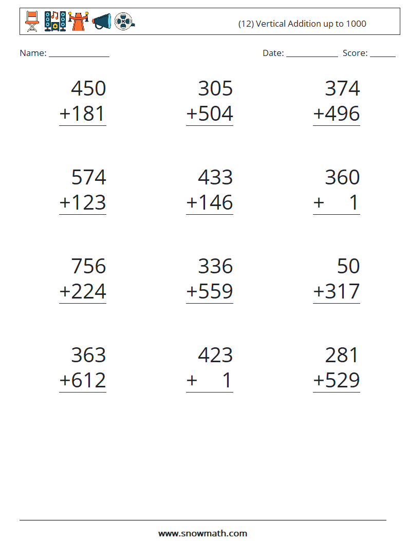 (12) Vertical Addition up to 1000 Maths Worksheets 14