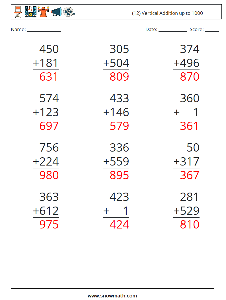 (12) Vertical Addition up to 1000 Maths Worksheets 14 Question, Answer