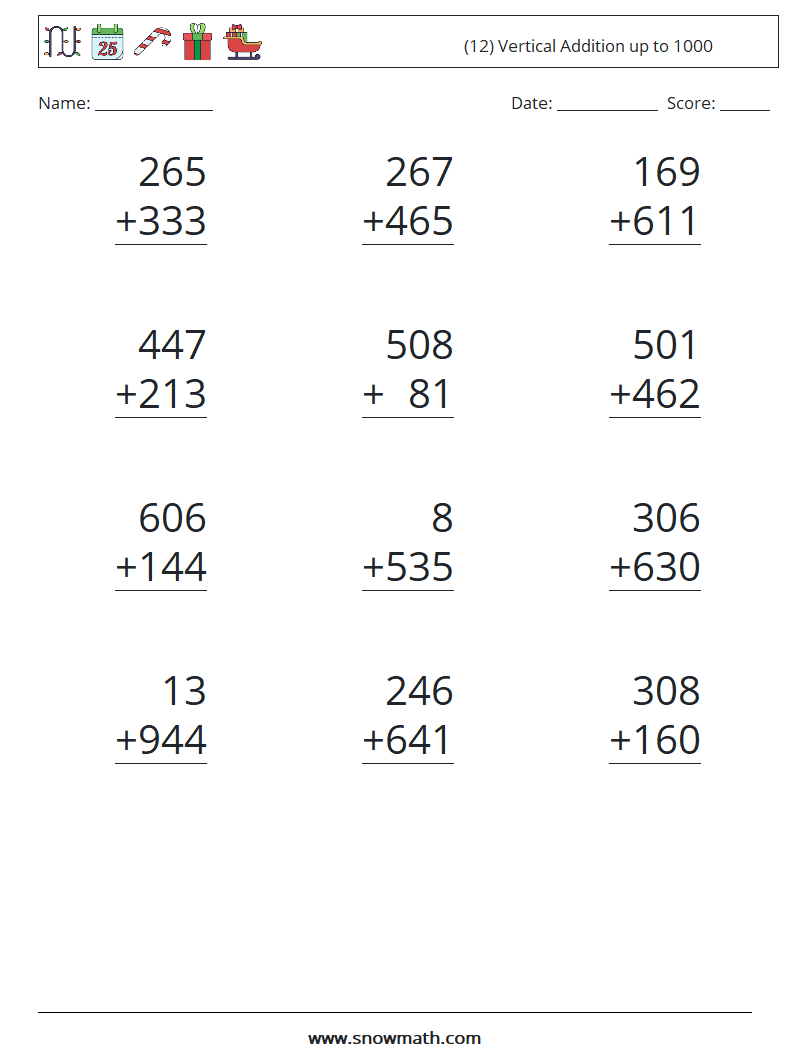 (12) Vertical Addition up to 1000 Maths Worksheets 15