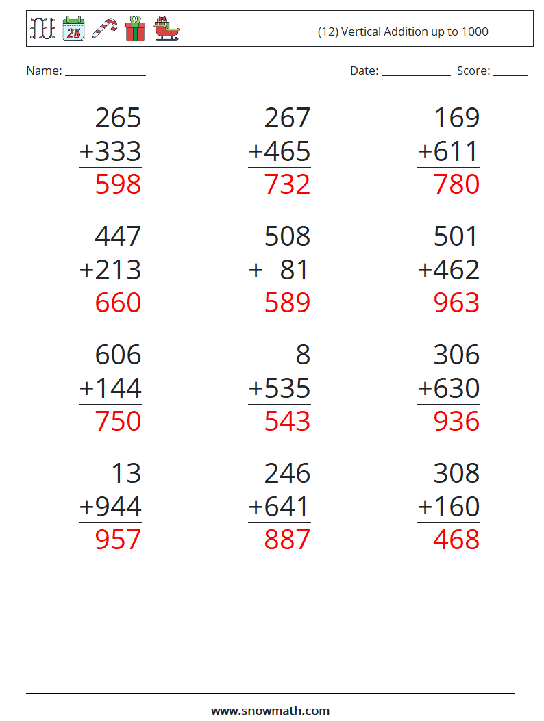 (12) Vertical Addition up to 1000 Maths Worksheets 15 Question, Answer