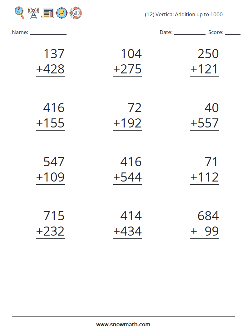 (12) Vertical Addition up to 1000 Maths Worksheets 17