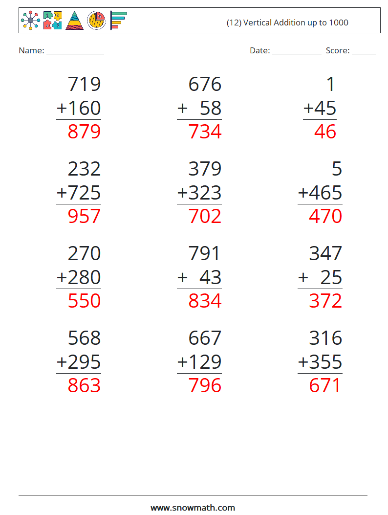 (12) Vertical Addition up to 1000 Maths Worksheets 18 Question, Answer