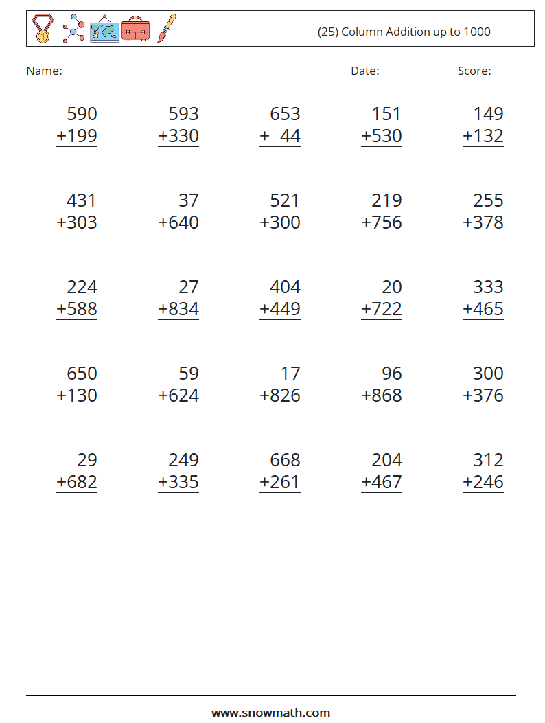(25) Column Addition up to 1000 Maths Worksheets 1