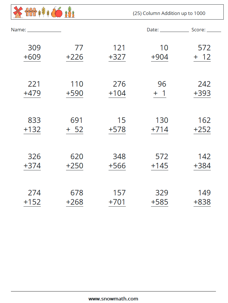 (25) Column Addition up to 1000 Maths Worksheets 10