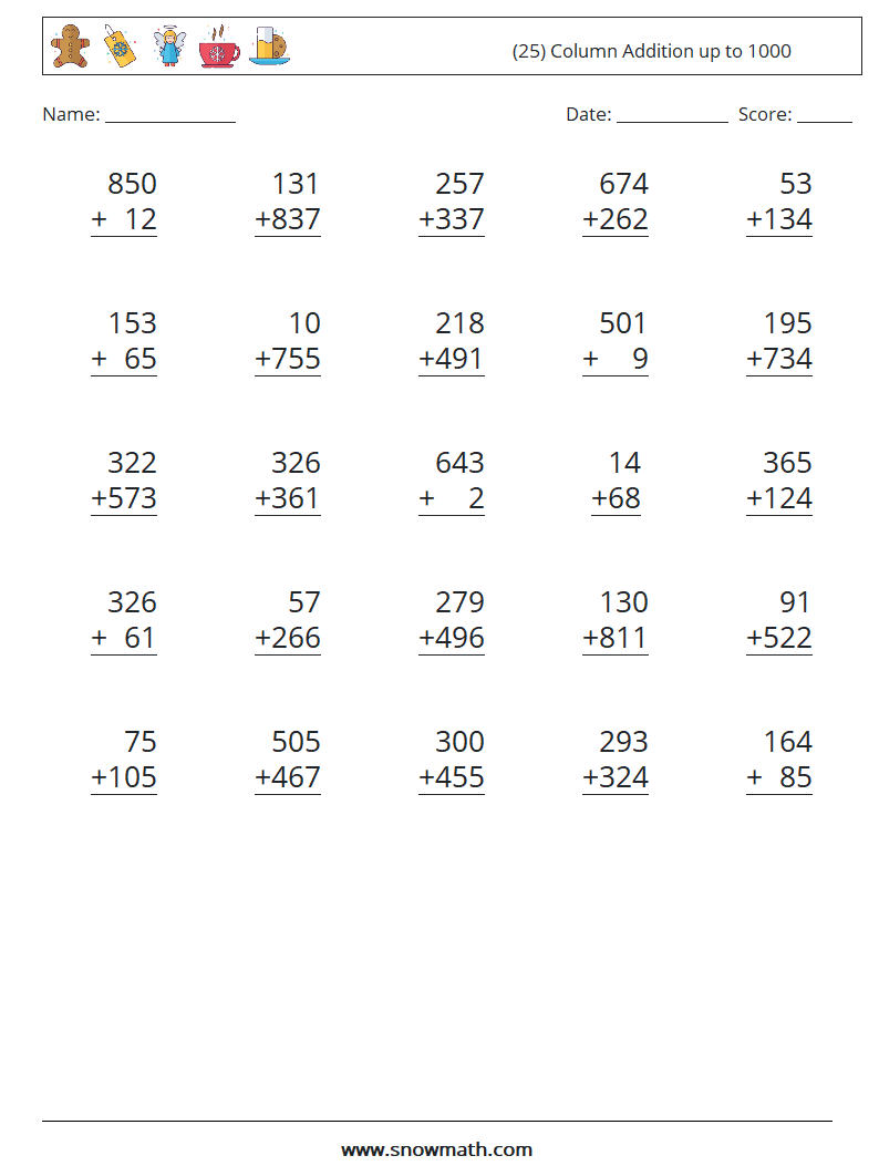 (25) Column Addition up to 1000 Maths Worksheets 11