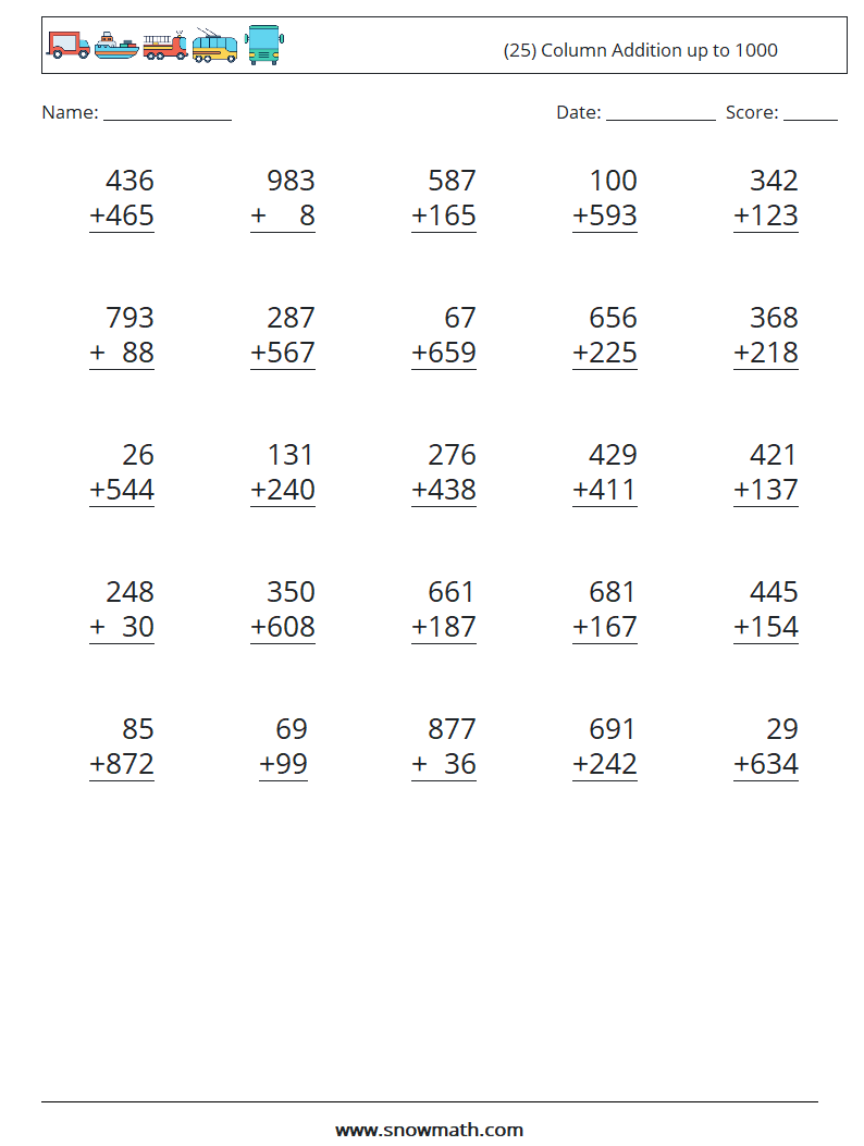 (25) Column Addition up to 1000 Maths Worksheets 12