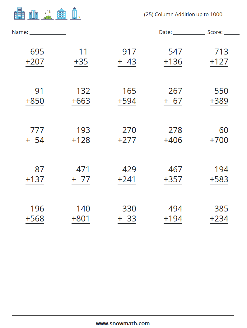 (25) Column Addition up to 1000 Maths Worksheets 15