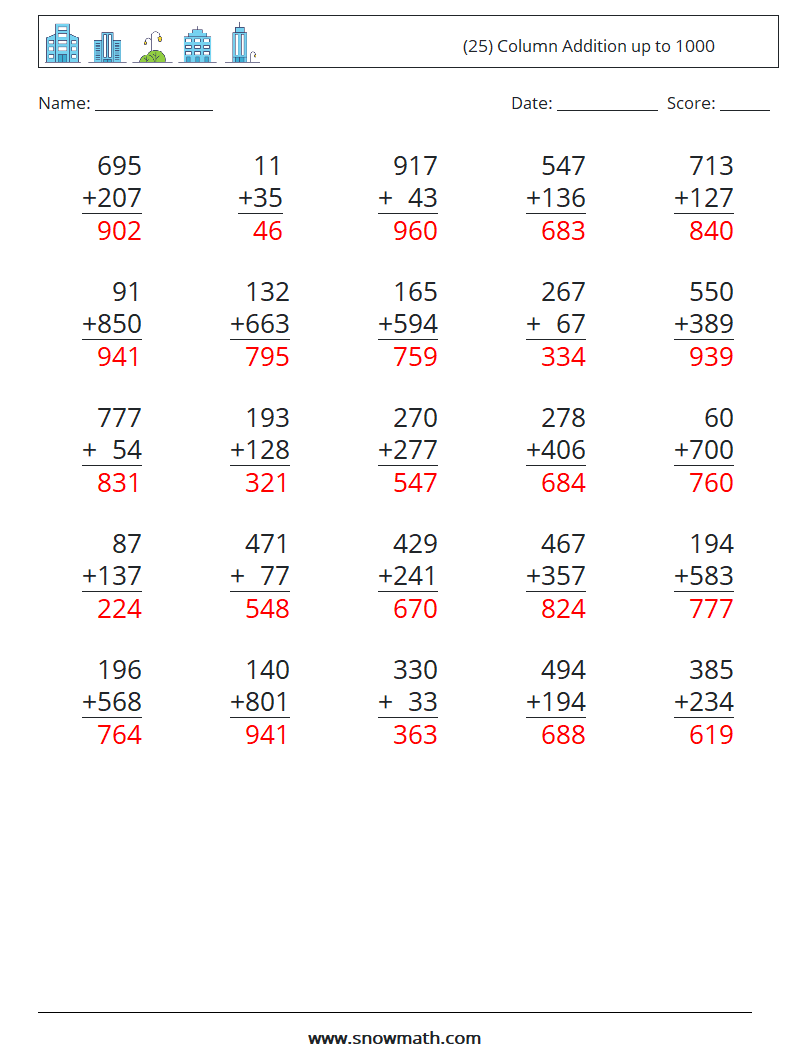 (25) Column Addition up to 1000 Maths Worksheets 15 Question, Answer