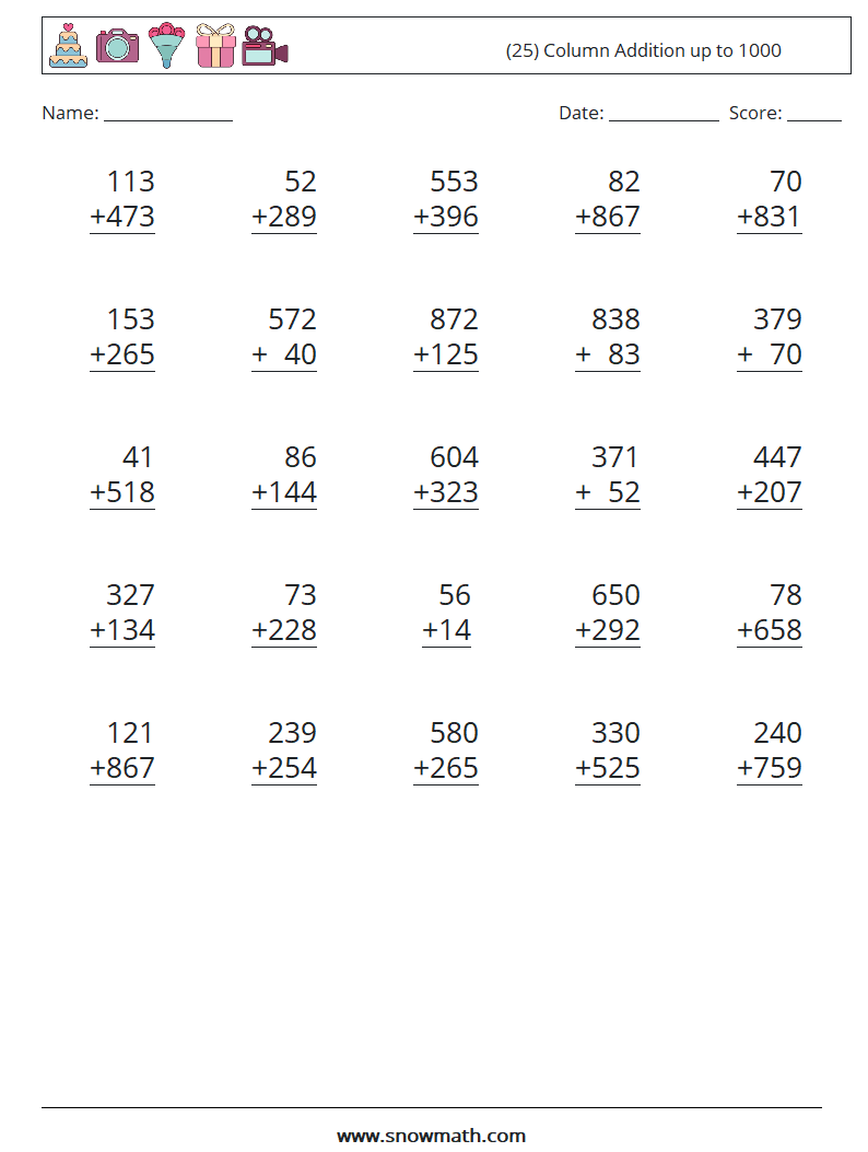 (25) Column Addition up to 1000 Maths Worksheets 2