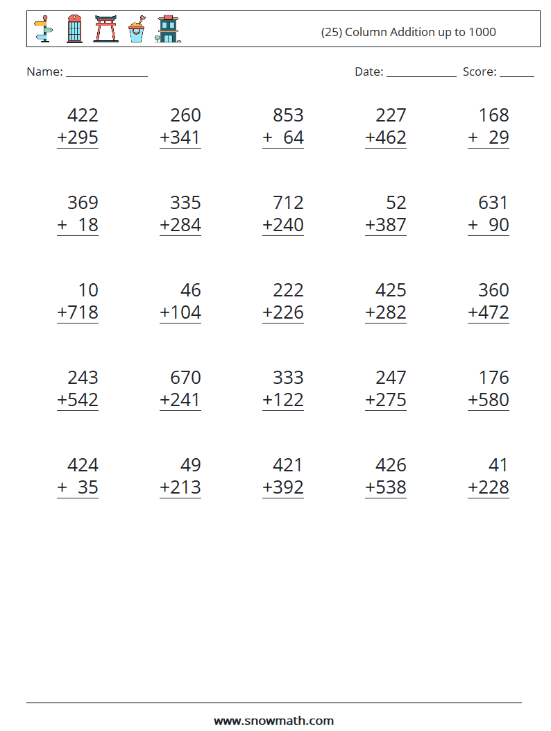 (25) Column Addition up to 1000 Maths Worksheets 3