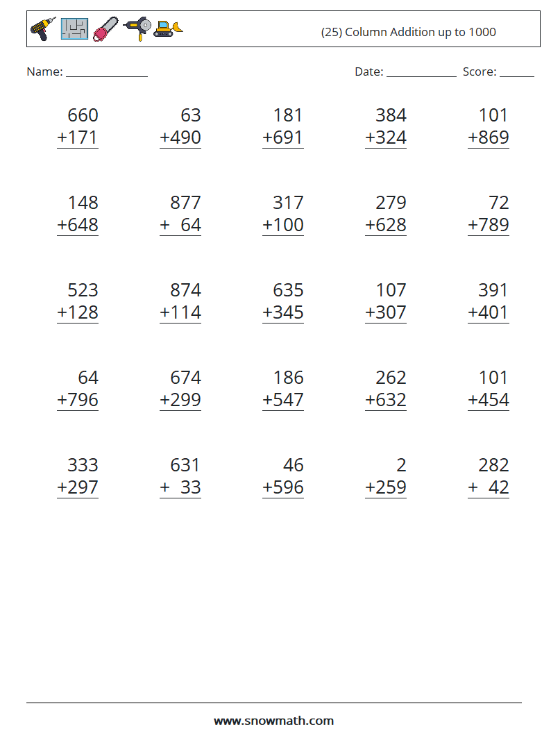 (25) Column Addition up to 1000 Maths Worksheets 5