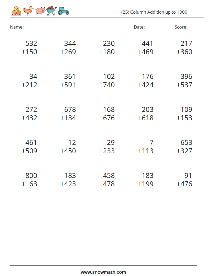 (25) Column Addition up to 1000 Maths Worksheets 7