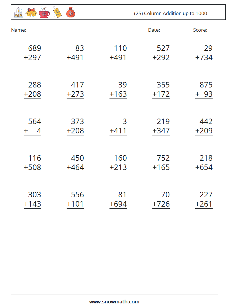 (25) Column Addition up to 1000 Maths Worksheets 8
