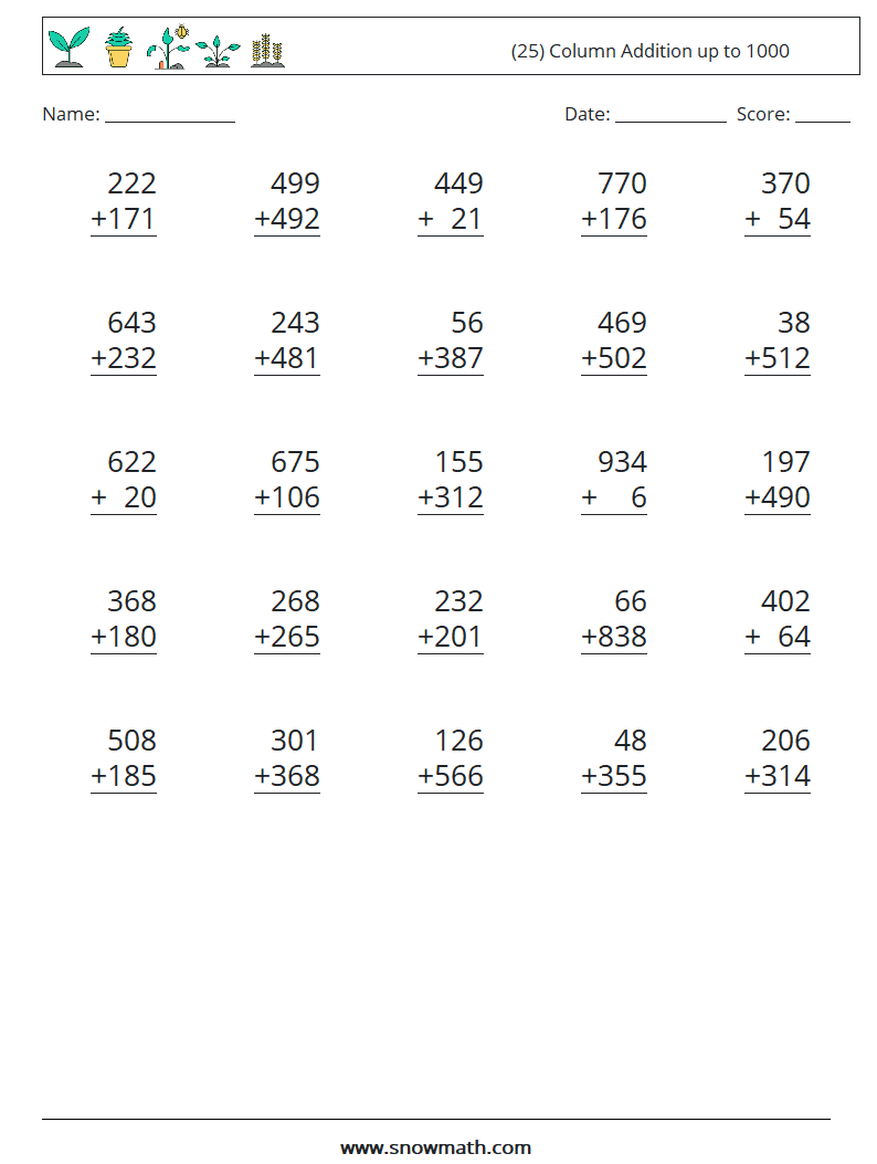 (25) Column Addition up to 1000 Maths Worksheets 9