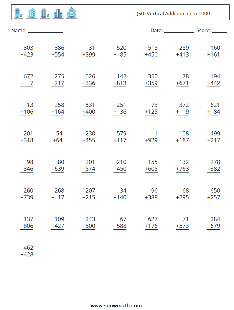 (50) Vertical Addition up to 1000 Maths Worksheets 1