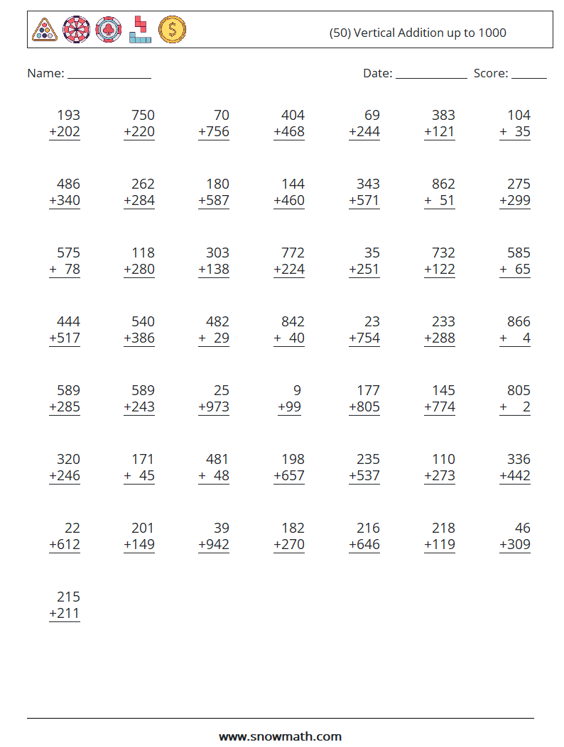 (50) Vertical Addition up to 1000 Maths Worksheets 10