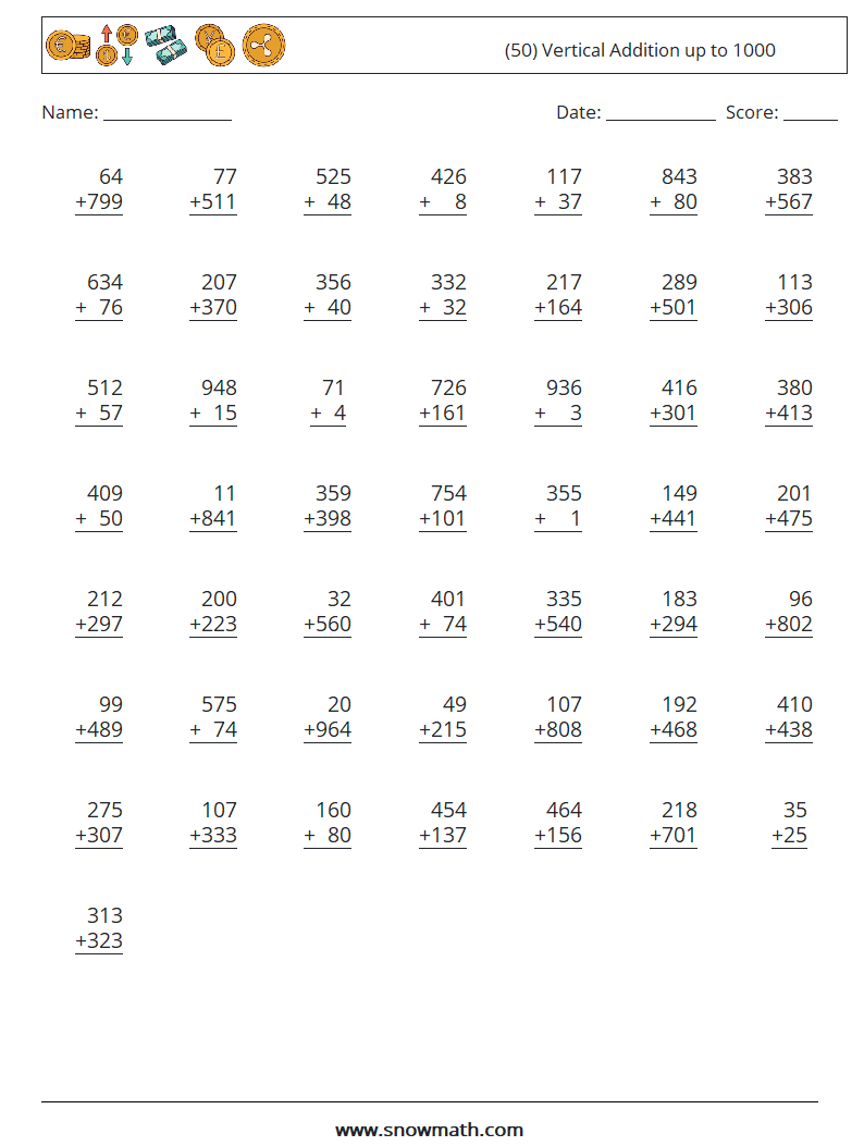 (50) Vertical Addition up to 1000 Maths Worksheets 11