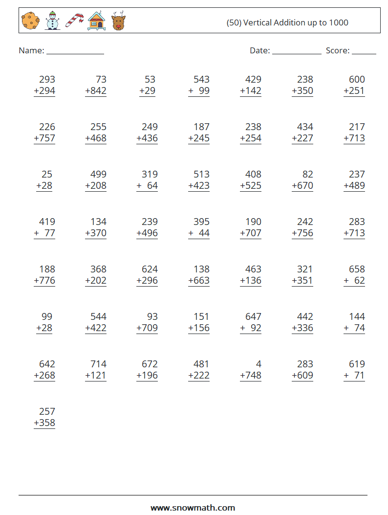 (50) Vertical Addition up to 1000 Maths Worksheets 12