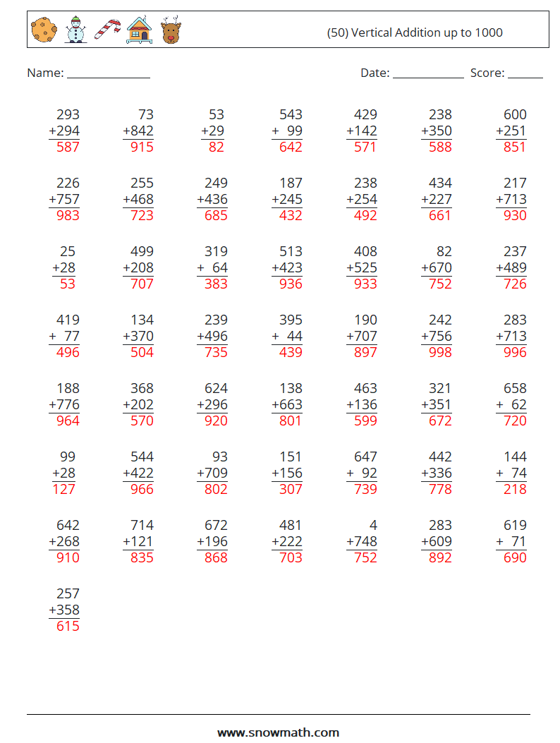 (50) Vertical Addition up to 1000 Maths Worksheets 12 Question, Answer