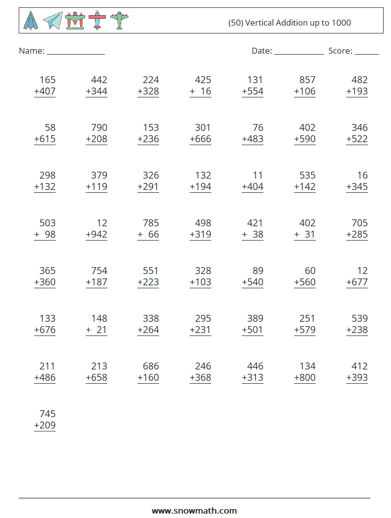 (50) Vertical Addition up to 1000 Maths Worksheets 13