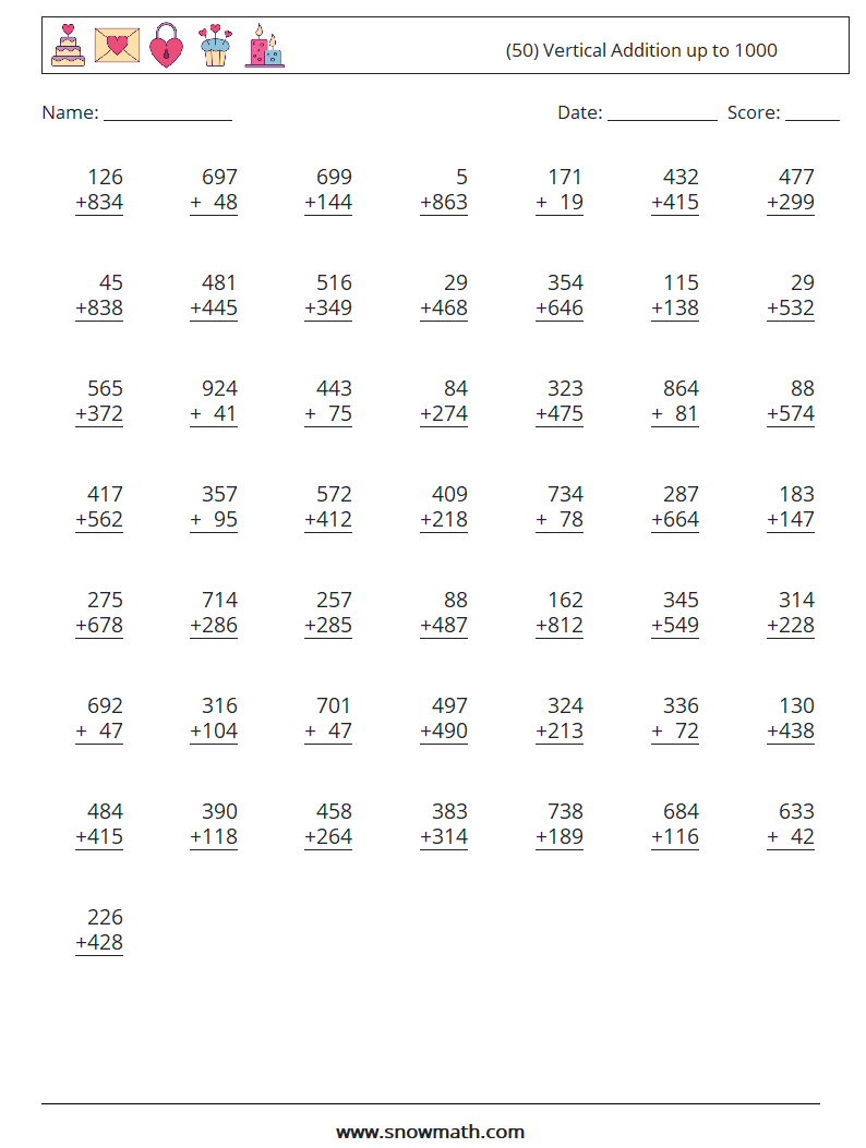 (50) Vertical Addition up to 1000 Maths Worksheets 14