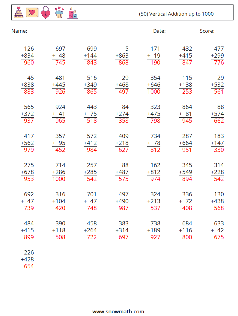 (50) Vertical Addition up to 1000 Maths Worksheets 14 Question, Answer