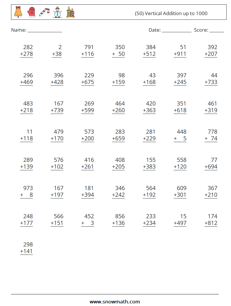 (50) Vertical Addition up to 1000 Maths Worksheets 15