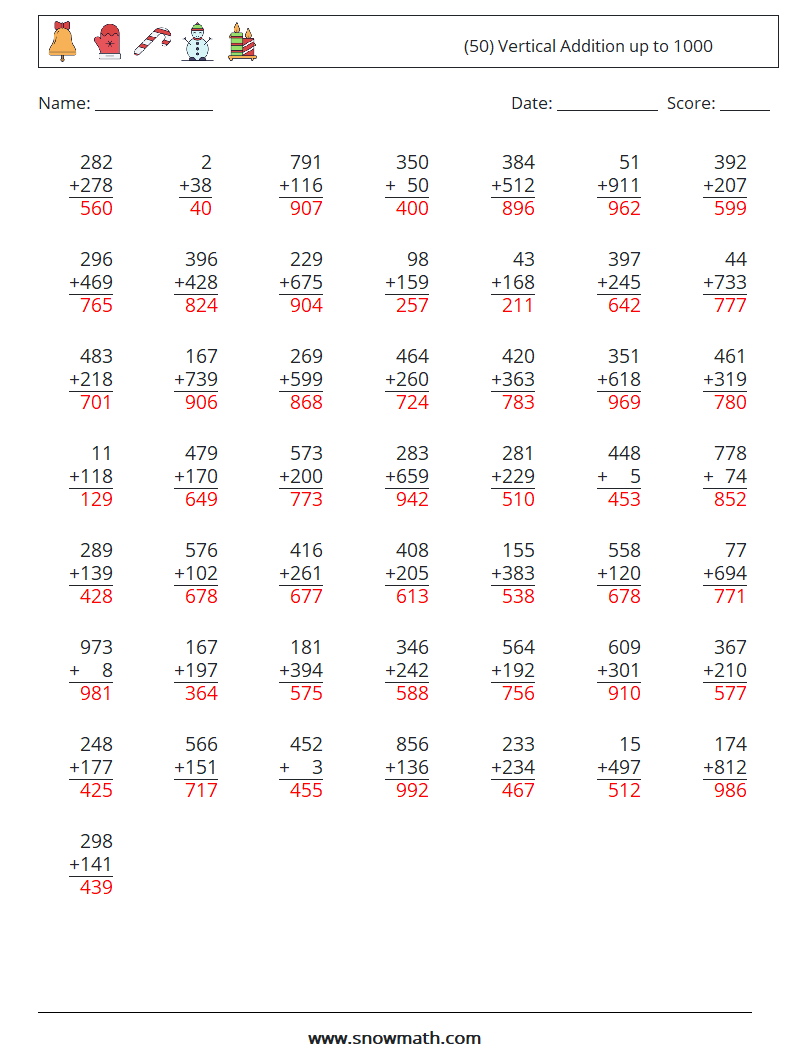 (50) Vertical Addition up to 1000 Maths Worksheets 15 Question, Answer