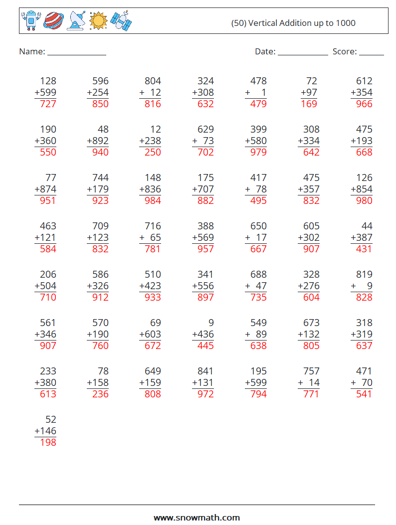 (50) Vertical Addition up to 1000 Maths Worksheets 16 Question, Answer