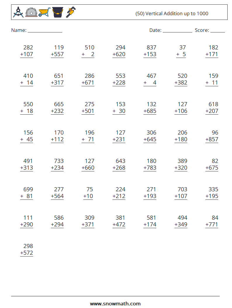 (50) Vertical Addition up to 1000 Maths Worksheets 18