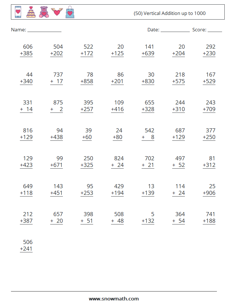 (50) Vertical Addition up to 1000 Maths Worksheets 2
